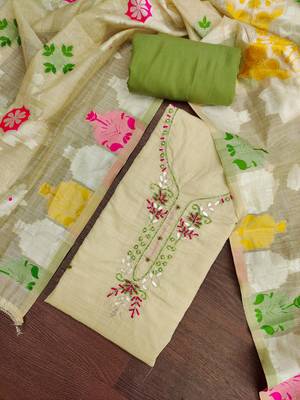 beige unstitched handwork with woven dupatta jamdani banarasi dress material 4