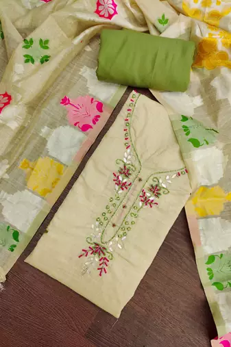 beige unstitched handwork with woven dupatta jamdani banarasi dress material