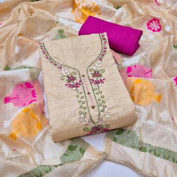 beige unstitched handwork with woven dupatta jamdani banarasi dress material 1