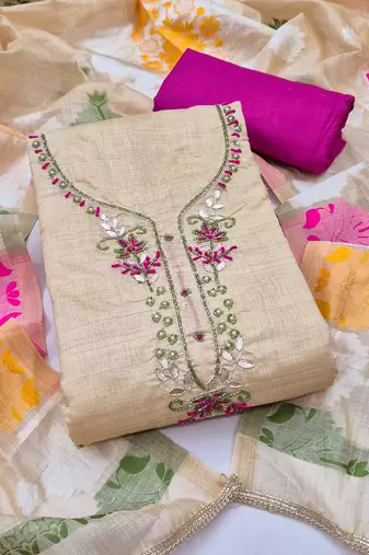 beige unstitched handwork with woven dupatta jamdani banarasi dress material