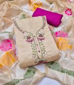 beige unstitched handwork with woven dupatta jamdani banarasi dress material