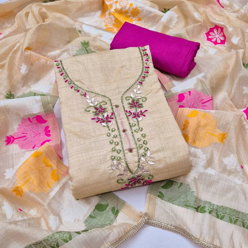 beige unstitched handwork with woven dupatta jamdani banarasi dress material