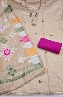 beige unstitched handwork with woven dupatta jamdani banarasi dress material 2