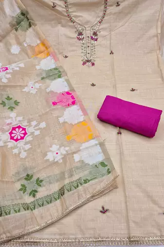 beige unstitched handwork with woven dupatta jamdani banarasi dress material