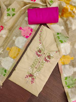beige unstitched handwork with woven dupatta jamdani banarasi dress material 4