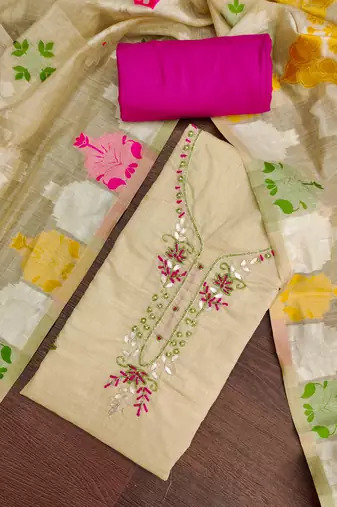 beige unstitched handwork with woven dupatta jamdani banarasi dress material