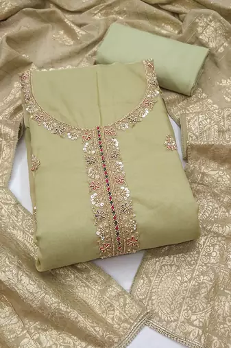 light green unstitched beads work with woven dupatta salsa dress material