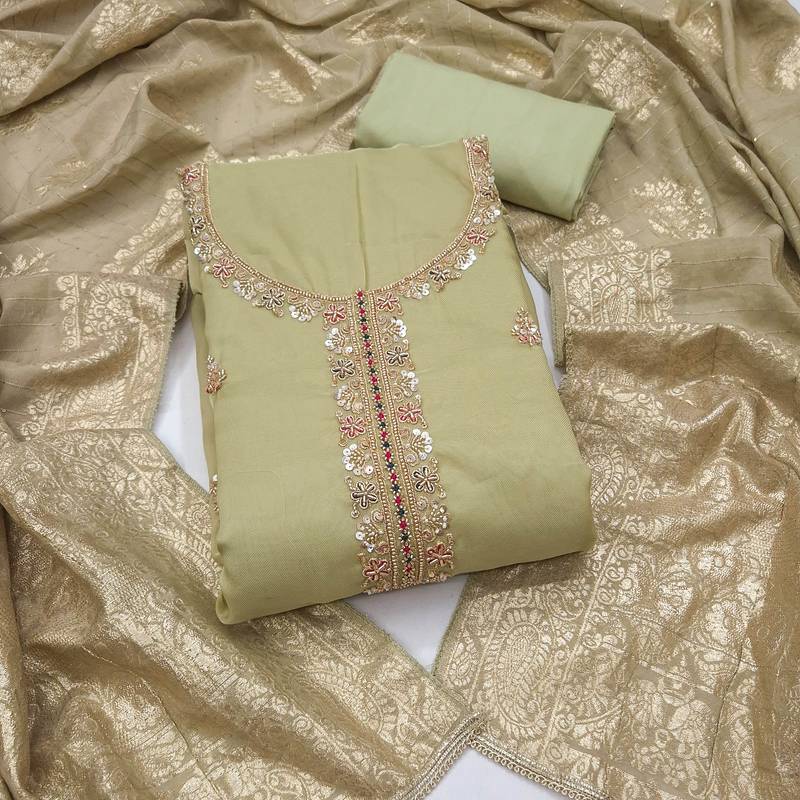 light green unstitched beads work with woven dupatta salsa dress material