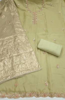 light green unstitched beads work with woven dupatta salsa dress material 2