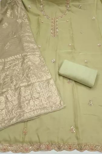 light green unstitched beads work with woven dupatta salsa dress material