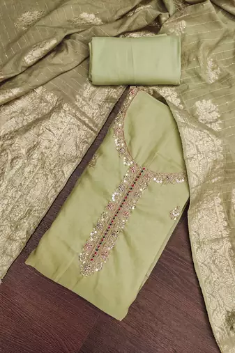 light green unstitched beads work with woven dupatta salsa dress material