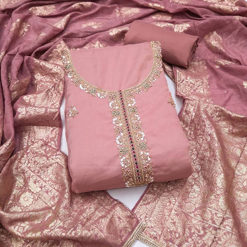 purple unstitched beads work with woven dupatta salsa dress material