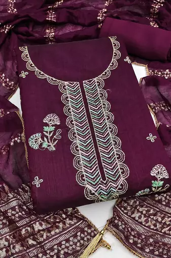 purple unstitched thread zari embroidery with woven dupatta chanderi dress material