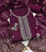 purple unstitched thread zari embroidery with woven dupatta chanderi dress material