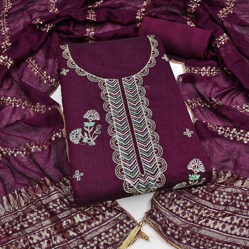 purple unstitched thread zari embroidery with woven dupatta chanderi dress material