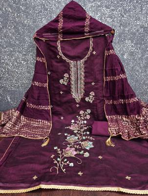 purple unstitched thread zari embroidery with woven dupatta chanderi dress material 2