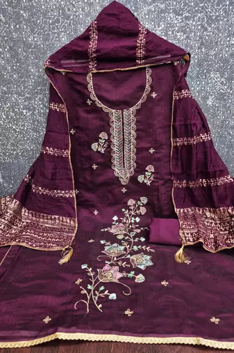 purple unstitched thread zari embroidery with woven dupatta chanderi dress material