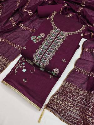 purple unstitched thread zari embroidery with woven dupatta chanderi dress material 3