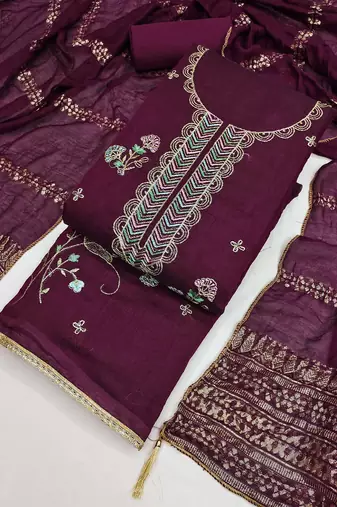 purple unstitched thread zari embroidery with woven dupatta chanderi dress material