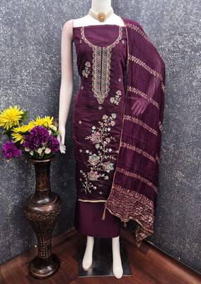 purple unstitched thread zari embroidery with woven dupatta chanderi dress material 4