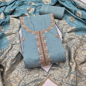 dusty teal unstitched beads work with woven dupatta salsa dress material 1