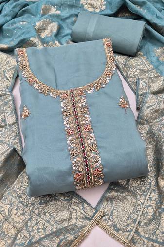 dusty teal unstitched beads work with woven dupatta salsa dress material