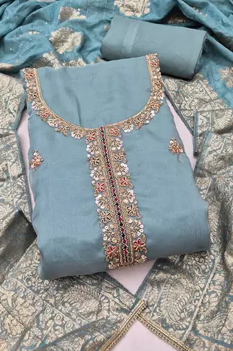 dusty teal unstitched beads work with woven dupatta salsa dress material