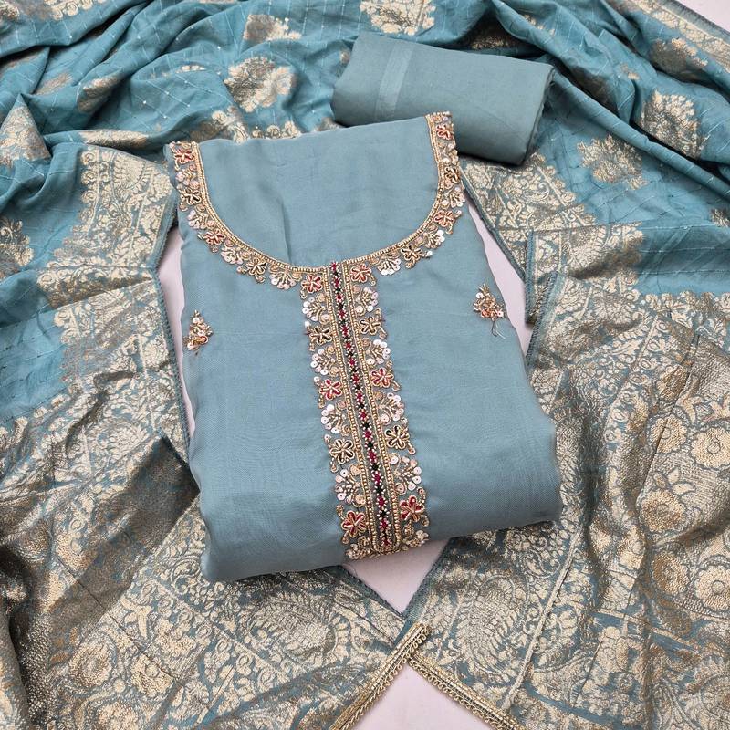 dusty teal unstitched beads work with woven dupatta salsa dress material