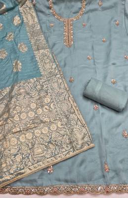 dusty teal unstitched beads work with woven dupatta salsa dress material 2