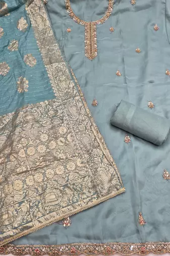 dusty teal unstitched beads work with woven dupatta salsa dress material