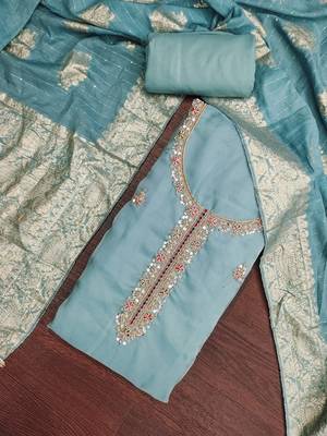 dusty teal unstitched beads work with woven dupatta salsa dress material 4