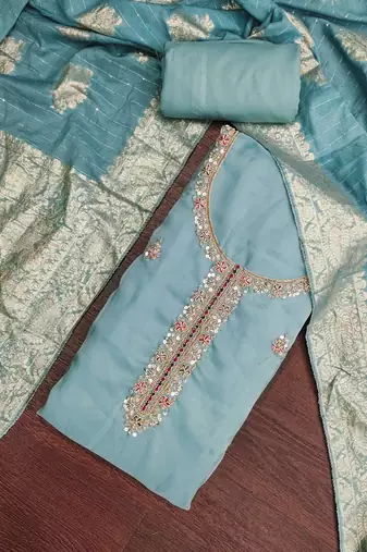 dusty teal unstitched beads work with woven dupatta salsa dress material