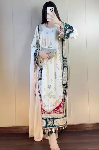 Designer sequence embroidered kaftaan with pant and dupatta