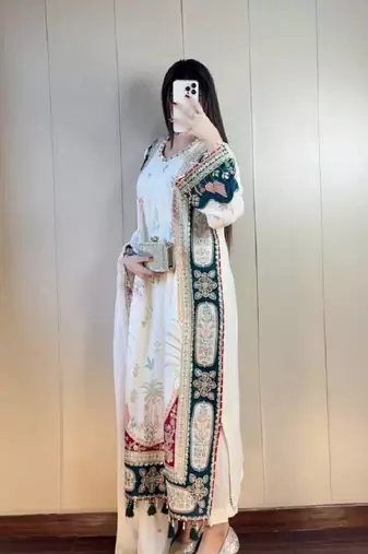 Designer sequence embroidered kaftaan with pant and dupatta