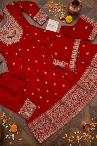Red Chinnon Silk Heavy Embroidery Work  Party wear Gown