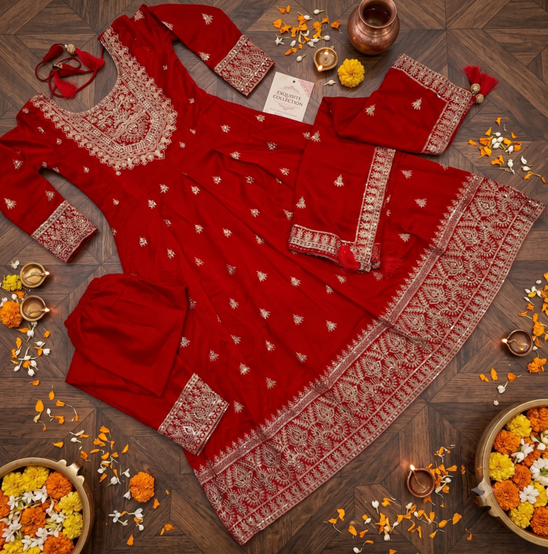 Red Chinnon Silk Heavy Embroidery Work  Party wear Gown