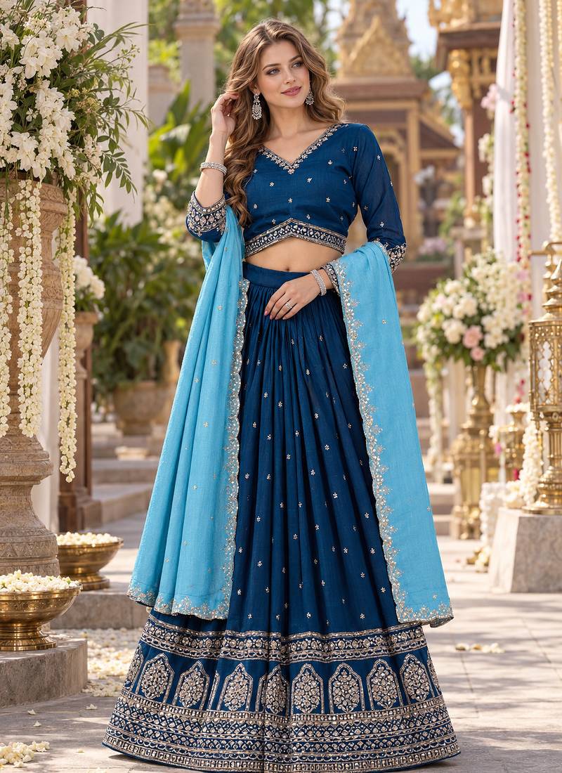 Navy Vichitra Readymade Navratri Lehenga Choli with Embroidery & Sequence Work