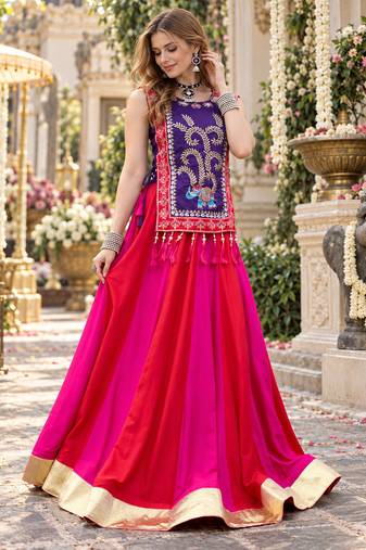 Pink&Violet Cotton Readymade Navratri Lehenga Choli with Thread & Sequin Work