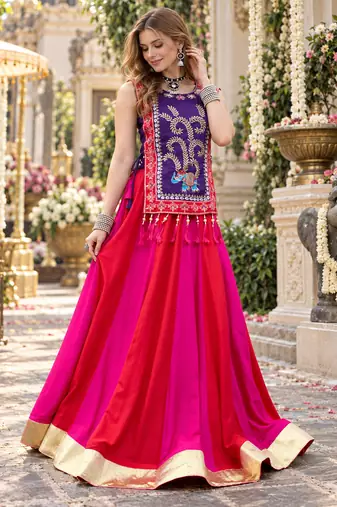 Pink&Violet Cotton Readymade Navratri Lehenga Choli with Thread & Sequence Work