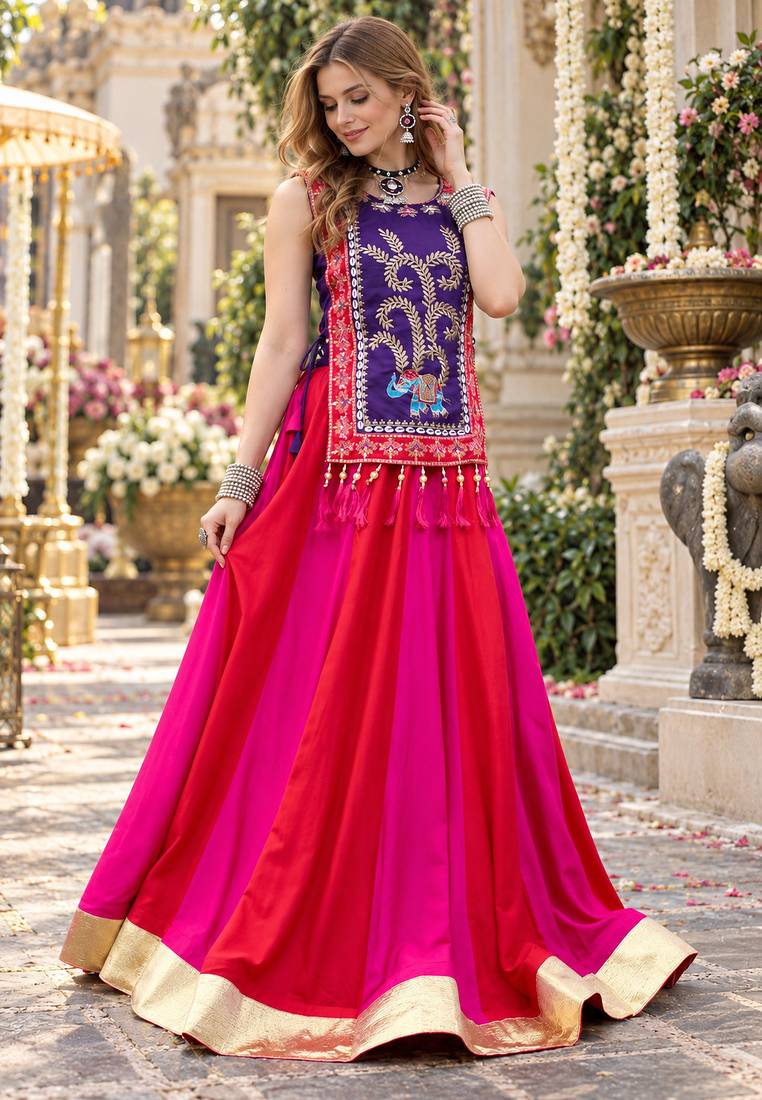 Pink&Violet Cotton Readymade Navratri Lehenga Choli with Thread & Sequence Work