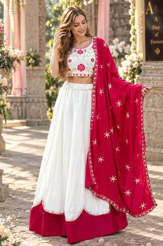 White&Rani Cotton Readymade Navratri Lehenga Choli with Embroidery & Thread Work
