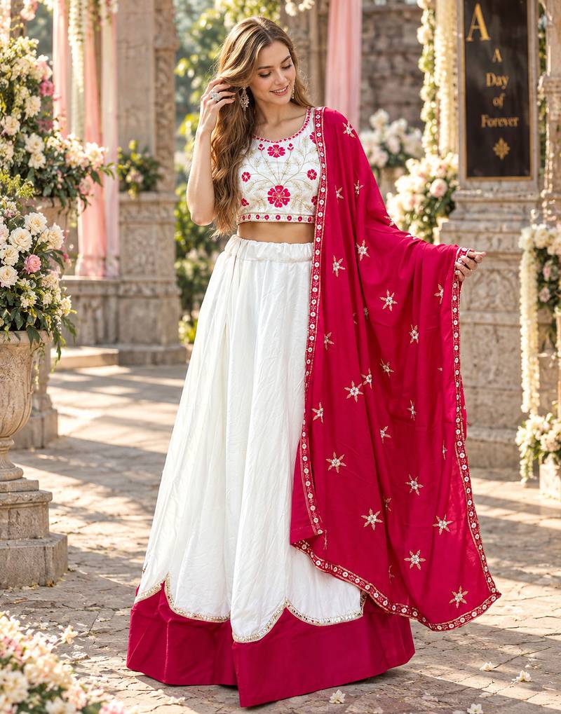White&Rani Cotton Readymade Navratri Lehenga Choli with Embroidery & Thread Work