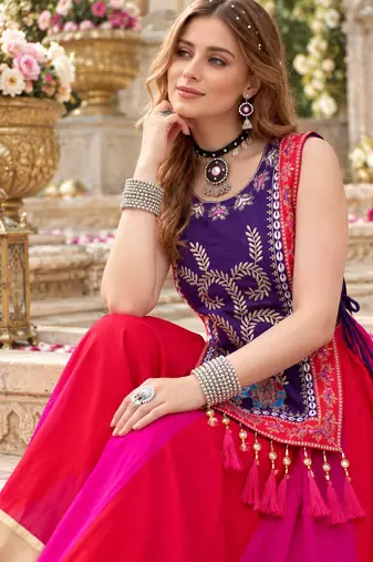 Pink&Violet Cotton Readymade Navratri Lehenga Choli with Thread & Sequence Work