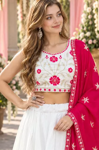 White&Rani Cotton Readymade Navratri Lehenga Choli with Embroidery & Thread Work