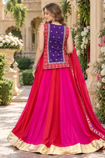 Pink&Violet Cotton Readymade Navratri Lehenga Choli with Thread & Sequence Work