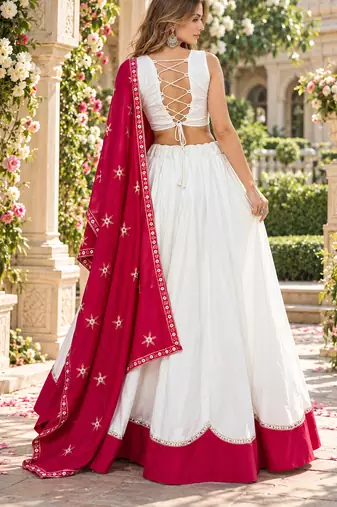 White&Rani Cotton Readymade Navratri Lehenga Choli with Embroidery & Thread Work