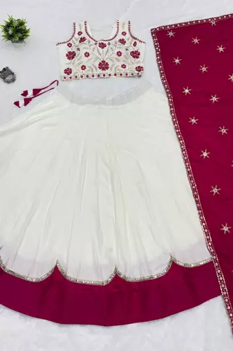 White&Rani Cotton Readymade Navratri Lehenga Choli with Embroidery & Thread Work