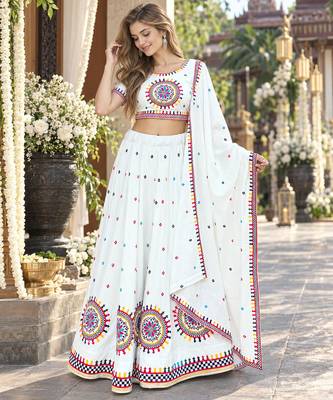 White Cotton Readymade Navratri Lehenga Choli with Gamthi Work 1