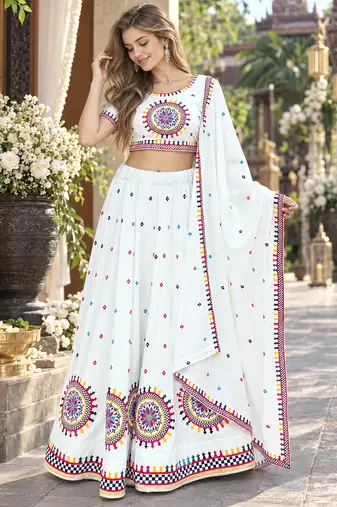 White Cotton Readymade Navratri Lehenga Choli with Gamthi Work