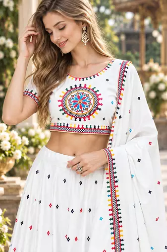 White Cotton Readymade Navratri Lehenga Choli with Gamthi Work